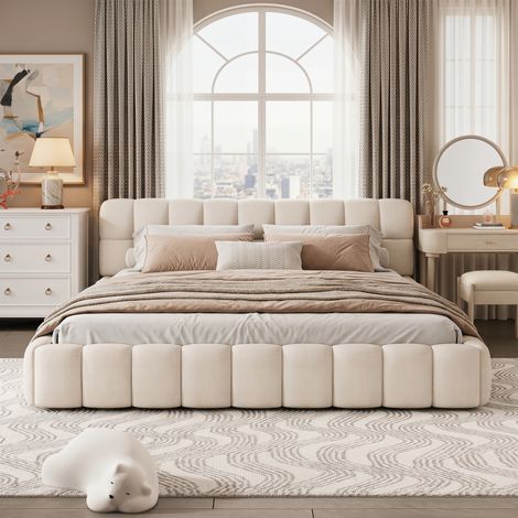 Lit Double Rembourré 160x200 cm,Lit Bulle avec Sommier à Lattes, Lit adulte 160x200 Lits 2 Personnes Capitonne avec Tête de Lits,Cadre de Lit pour Adulte et Adolescents,sans Matelas,Tissu en Lin,Beige