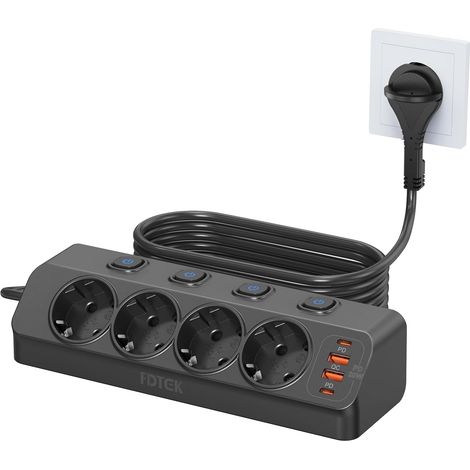 Multiprise d'angle PD 20W Prise avec Fiche Plate, 2 USB C et 2 USB A Multiprise Bureau 4 Prises avec Interrupteur, Prise de Protection Contre Les Surtensions avec Câble de 2M pour la Maison (1/5)