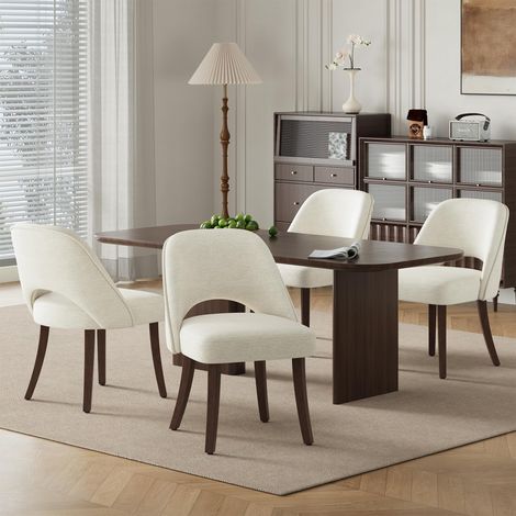 Lot de 4 chaises de Salle à Manger rembourrées en Tissu, Pieds en Bois Massif, Dossier incurvé et Assise épaisse en Mousse Haute densité, Design Moderne pour Cuisine et Salle à Manger, Beige (1/5)