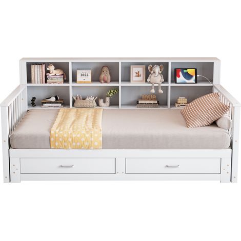 Canapé lit bois massif extensible 90/180x190, armoire avec prise dans accoudoir, 2 tiroirs et sommier, lit pin multifonction, blanc (1/5)