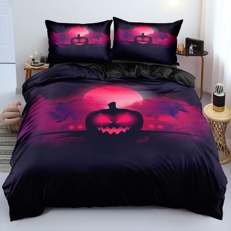 Parure de lit Halloween 135 x 200 cm avec housse de couette tête de citrouille pour garçons, adolescents, adultes, noir, rouge, avec taie d'oreiller (1/5)