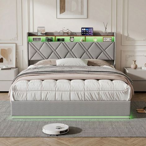 Letto Coffre 160 x 200 con Sommier, letto 2 posti con USB e LED, letto 160x200 con testiera, Letto Imbottito Doppio Grigio (1/5)