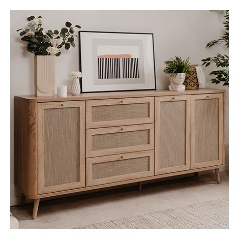 Calicosy – Buffet 3 tiroirs 3 portes effet rotin PVC – Dimensions L. 175 x l. 40 x H. 84 cm – Pieds en bois massif – Rangement spacieux (1/8)