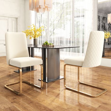 Lot de 2 chaises de salle à manger 64,14×63,5×47,63 cm en velours beige, dossier capitonné et piètement métal (1/5)