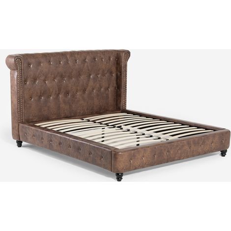 Llb Living Life Bed – Lit double Chesterfield 160x190 cm en simili cuir marron – Tête de lit capitonnée – Design vintage anglais pour chambre moderne (1/5)