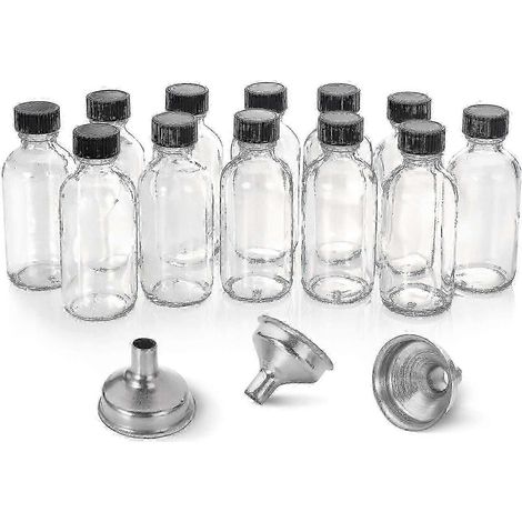 Bouteilles en verre transparent 60 ml avec bouchons et 3 entonnoirs - jus, potions et huiles essentielles (1/4)