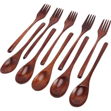 10PièCes CuillèRes en Bois Fourchettes Ensemble D'Ustensiles en Bois Ensemble de Couverts en Bois Naturel RéUtilisable pour la (1/4)