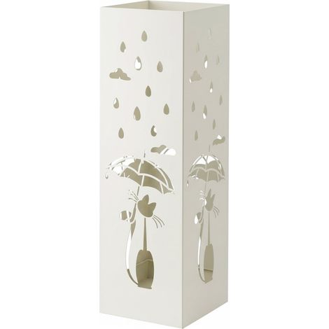 Portaombrelli In Metallo Con Decorazione Gatto Vaschetta Scolapioggia Removibile E 2 Ganci Laterali Base Antiscivolo Stand Quadrato Design Per Ingresso Casa E Ufficio 49 x 15.5 x 15.5 Cm Bianco (1/5)