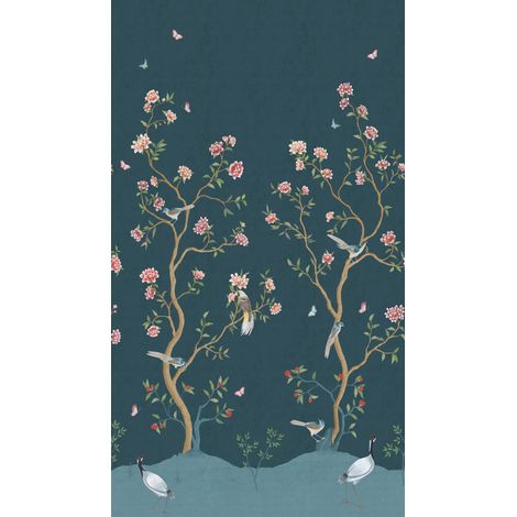 papier peint panoramique fleurs et oiseaux blue foncé grisé - Sanders & Sanders (1/2)