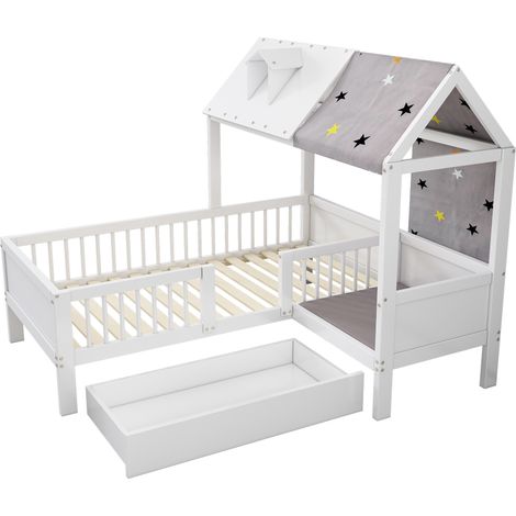 Lit enfant en bois en forme de maison, lit simple multifonctionnel, avec tissu de tente et coussin, tiroirs en dessous, sans matelas, 90200, blanc[ANCIEN SKU:3156789AAW] (1/5)