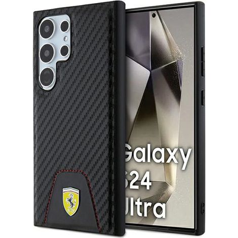 Cover per Samsung Galaxy S24 Ultra con fondo in fibra di carbonio Ferrari con cuciture a vista (nera) (1/5)