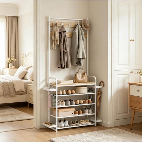 Appendiabiti da ingresso con scaffali, 9 ganci, 4 livelli, bianco e rovere DESVIAE (1/4)