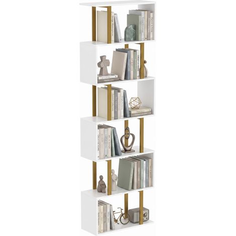 HOMCOM S-Shaped Bookshelf, 6-Tier Bookcase with Anti-Tip Strap, White (1/5)