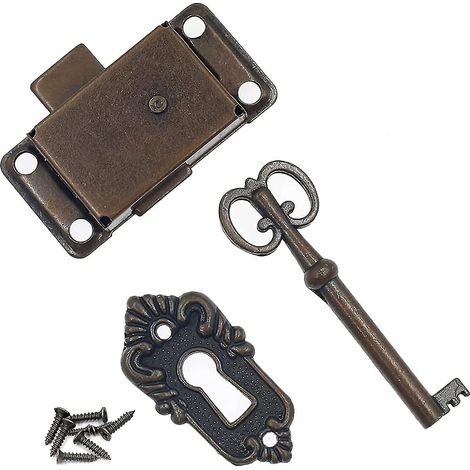 Serrure de porte de meuble vintage, serrure de porte de meuble ancienne, serrure de meuble avec clé (bronze) (1/5)