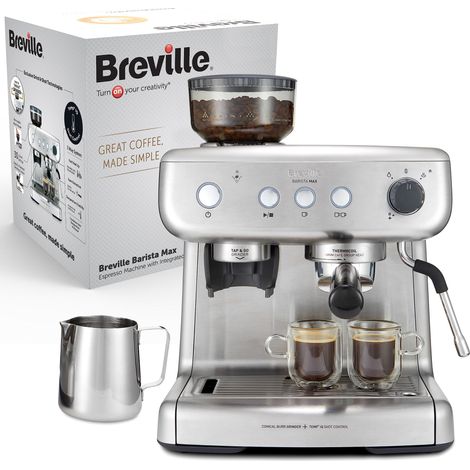 Breville Macchina per caffè espresso Barista Max, sistema Thermoblock con tecnologia PID, vaporizzatore, pompa italiana 15 bar, capacità 2.8 l, 1550 W, Macina caffè integrato, Argento (1/5)