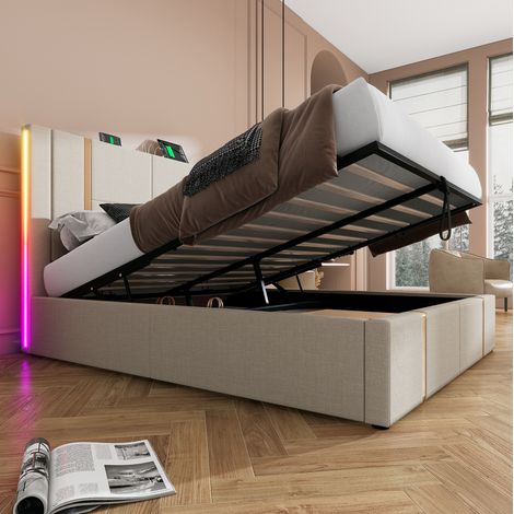 Lit double rembourré moderne 160x200 cm en lin beige, tête de lit USB et Type-C, LED RGB, coffre relevable (1/5)