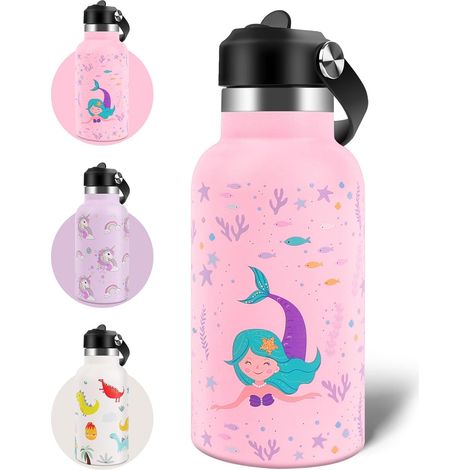 Trinkflasche Kinder Edelstahl, 350ML Trinkflasche Kinder, Edelstahl Kinderflasche Auslaufsicher, Wasserflasche mit Strohhalm, Trinkflasche Kleinkind, Thermosflasche für Schule - BPA Frei (1/5)