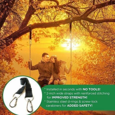 Kit Sospensione per Altalena da Giardino (2 pezzi) Cinghie 1,5 m + 2 Protezioni Albero + 2 Moschettoni, Montaggio Facile, Nero (1/3)