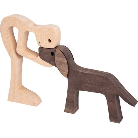 Holzfigur einer Hunde- und Katzenfamilie, handgefertigte Holzdekoration, niedlicher Welpe, Kätzchen und Mensch, Sammlerfigur für Zuhause, Büro oder Wohnzimmer – Welpe + Mensch – 1 Stück (1/5)