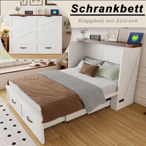 Lit pliant 140x200, sommier dépliable avec coffre intégré, prise EU, armature métallique robuste, roues silencieuses, teinte blanche, pour chambre pratique (1/5)