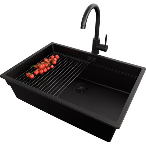 PRIMAGRAN Evier Cuisine en Granit 66x47cm, Lavabo 1 bac + Kit de Vidage + Accessoire, Évier à Encastrer au meuble 70cm - Prague Slim, Tout Noir (1/5)