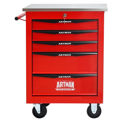Chariot à outils 5 tiroirs métal roues toit acier inoxydable rouge et noir (1/5)