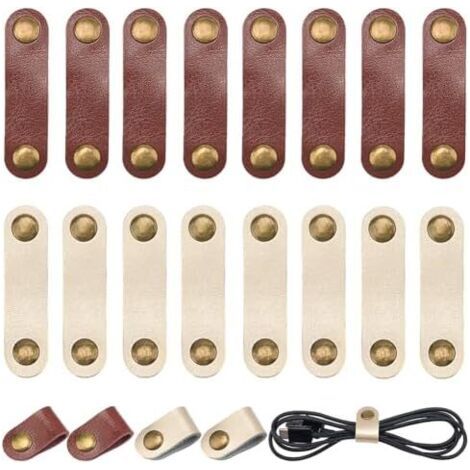 30 Serre Câbles en Cuir de Vache Véritable Sangles Rangement pour Cordons USB Multifonctions et Réutilisables avec Bouton Pression Voyage Maison Bureau Téléphone (Blanc) Marron Brownwhite - (1/5)