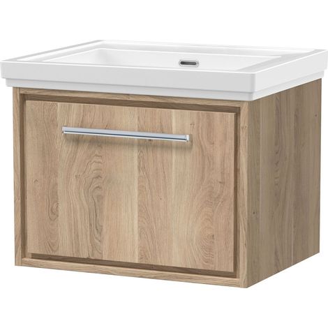 Longnor 1 Drawer Wall Hung Vanity Unit with 0 Tap Hole Traditional Fireclay Basin, Light Oak, 600mm