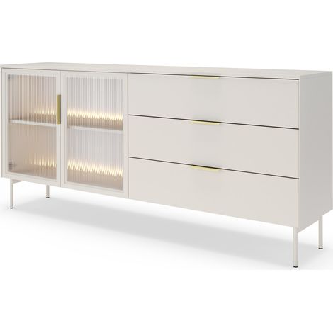 Selsey LUMI – Buffet 2 portes vitrées avec 3 tiroirs et éclairage LED - Cachemire - 181 cm (1/5)