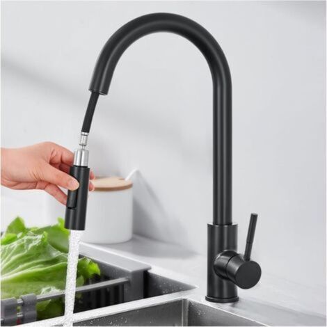 Kitchen Faucet with Pull-Down Sprayer, Kitchen Mixer Tap with 360° Swivel, Flexible with 2 Spray Modes, Gooseneck Black Faucet, Stainless Steel (1/5)