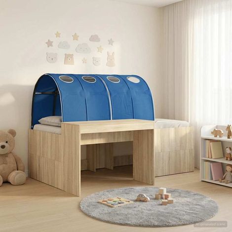 Lit enfant avec tunnel et bureau intégré, bois d’ingénierie, chêne et bleu, 3 pièces - PANGIVO (1/5)
