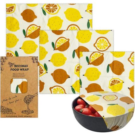 Set di 3 involucri in cera d'api con un allegro motivo a limoni in tre misure: piccola, media e grande confezione riutilizzabile e senza plastica per (1/2)