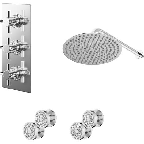 Cross Polished Chrome Concealed Triple Thermostatic Shower Valve and 300mm Round Head with 345mm Wall Arm and 4 Body Jets - 2 Outlet (1/5)