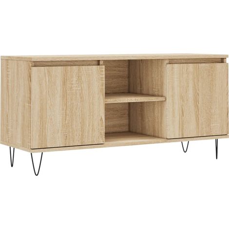 Meuble TV avec rangement et plateau stable 104 x 35 x 50 cm style contemporain en bois d'ingénierie chêne sonoma (1/5)