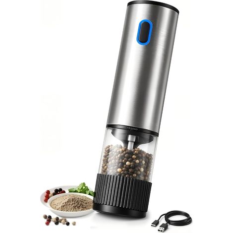 Moulin à poivre électrique avec batterie rechargeable USB-C - taille de mouture réglable, construction en acier inoxydable, convient au poivre et au sel marin. (1/5)