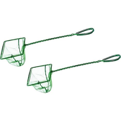 Deux épuisettes vertes pour aquarium, avec poignées en métal et revêtements antidérapants pour une manipulation facile des poissons. (1/5)