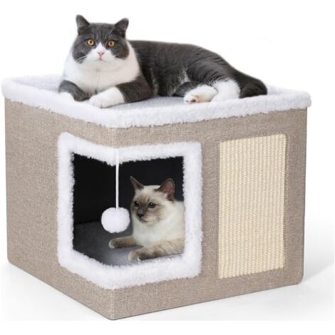 QORVA-Lit d'intérieur pour chat, grand auvent pour chat avec griffoir, lit grotte pliable et cube cachette avec coussins double face, adorable condo pour chat (1/4)