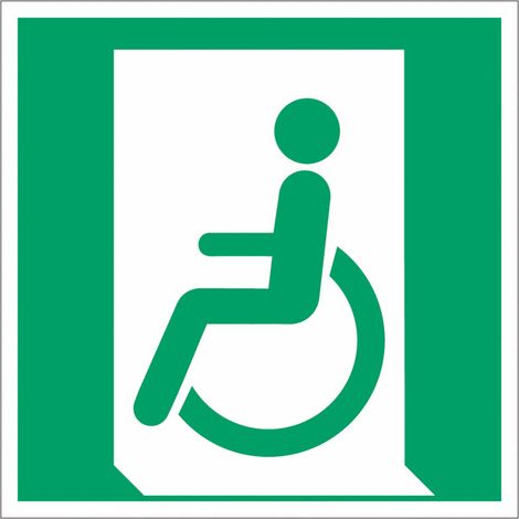 Pannello adesivo ISO 7010 "Uscita di emergenza a sinistra per persone con disabilità" - E026