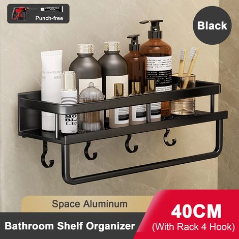 Étagère de salle de bain (40 cm, noire) sans perçage, en aluminium, à suspendre au mur. (1/5)