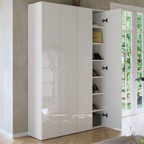 Breites Schuhregal, Schuhschrank 42 Paar, 12 Regalböden, Made in Italy, 4 Türen, 126x35x186h cm, Weiß Hochglanz (1/5)