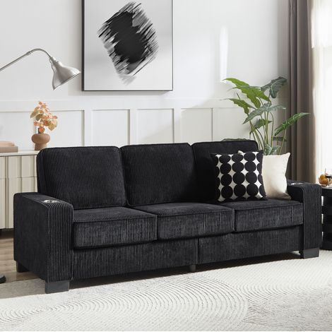 Divano 3 posti in velluto a coste nero con portabicchieri, 206 cm, per soggiorno, OKWISH (1/5)