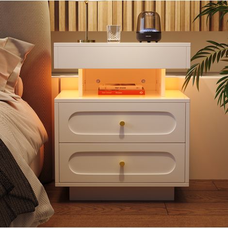 Lot de 2 tables de chevet LED 50x40x60 cm blanc panneaux de particules avec rangement - CHICFURN (1/5)