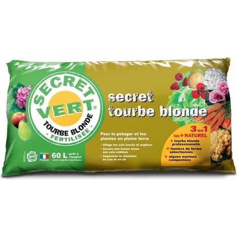 Tourbe blonde fertilisée pour amendement jardin – Sac de 60L – Rétention d'eau optimale – Améliore la structure des sols lourds – Secret Vert
