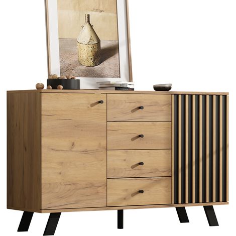 Buffet de salon 120 cm avec 4 tiroirs et 2 placards, meuble de rangement en MDF noir et bois clair, 5 pieds en bois, style moderne CHICFURN (1/5)