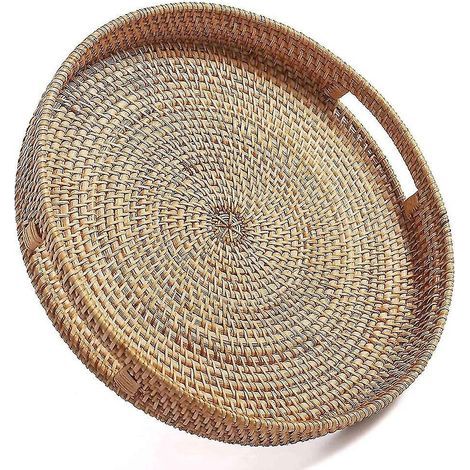 Rundes Serviertablett aus Rattan, dekoratives, geflochtenes Ottomanentablett mit Griffen, aus Naturrattan (klein) --