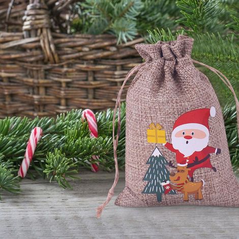 Lot de 10 sacs cadeaux de Noël en lin, décorés sur le thème du Père Noël, pour ranger bijoux, chocolats et bonbons. Idéaux pour les enfants et parfaits pour les fêtes de Noël. (1/4)