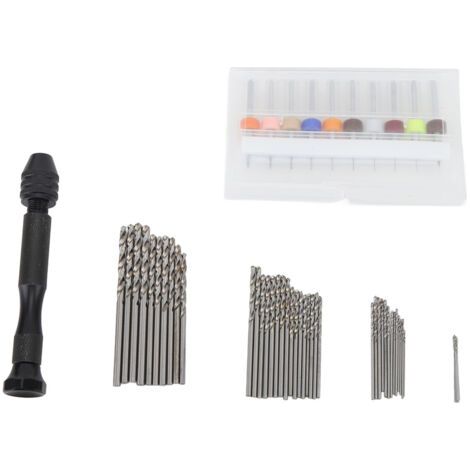 Coffret de 57 forets à main, perceuse à main avec étau à broche, 46 micro-forets hélicoïdaux, 10 mini-forets pour circuits imprimés (0,1 à 1 mm).