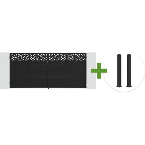 Portail battant acier noir mat 3,5m NALI RUIVO H.160cm + 2 poteaux 10x10 acier CARMO (1/5)