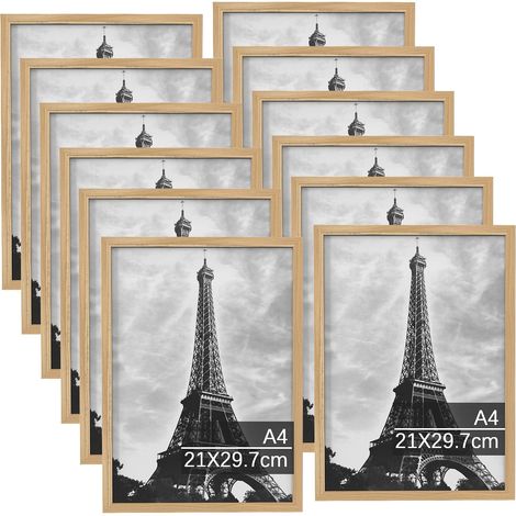 Lot de 12 cadres photo DIN A4 en bois (21 x 29,7 cm) - Dessins d'enfants - A4 - Pour photos, images, affiches, Couleur bois (1/5)