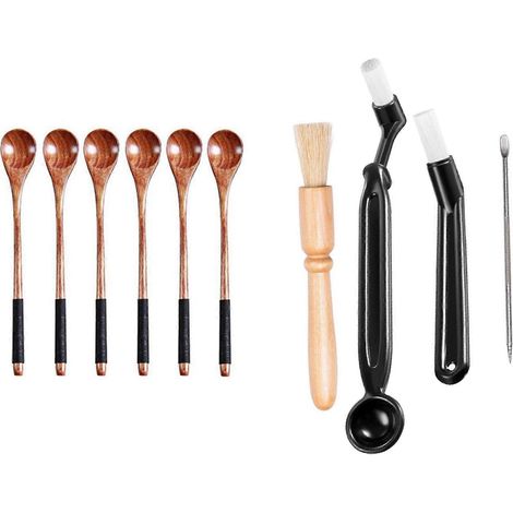 6 pièces long Handled bois cuillères mélange cuillère arts de la table et 4 café machine nettoyage lot moulin à brosse (1/5)